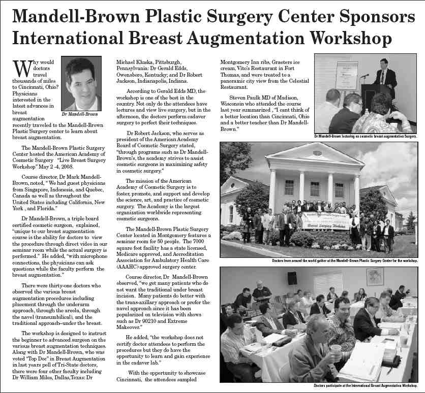 Mandell-Brown Plastic Surgery Center Sponsors International Breast Augmentation Workshop Article Cover
