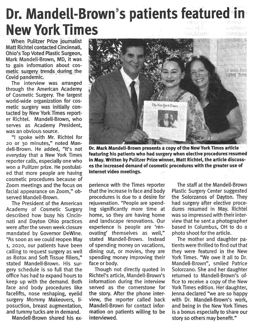 Article clipping on Dr. Mark Mandell-Brown and his patient featured in New York Times