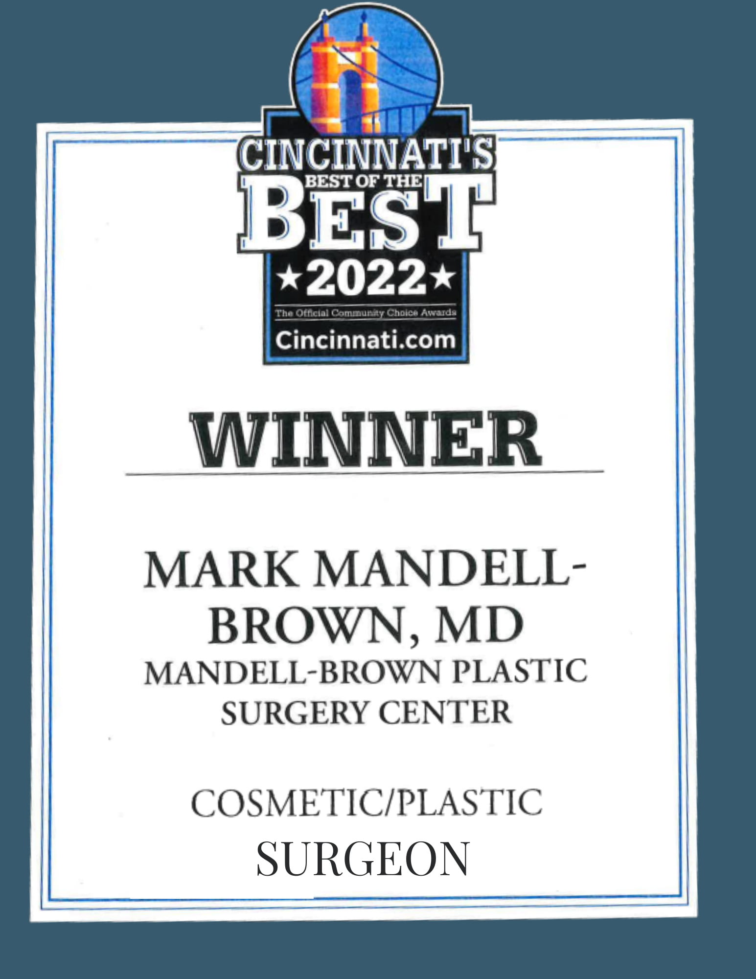 Cincinnati's Best of the Best 2022 Award for Cosmetic/Plastic Surgeon