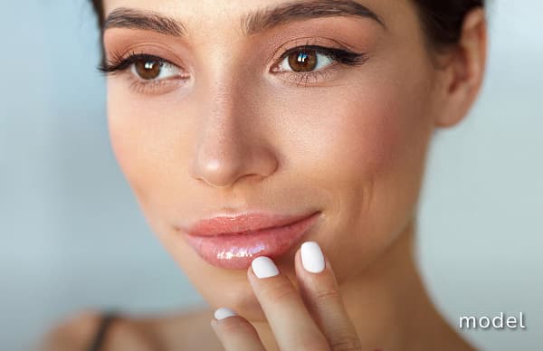 RHA Dermal Fillers model of woman looking away from camera touching lips